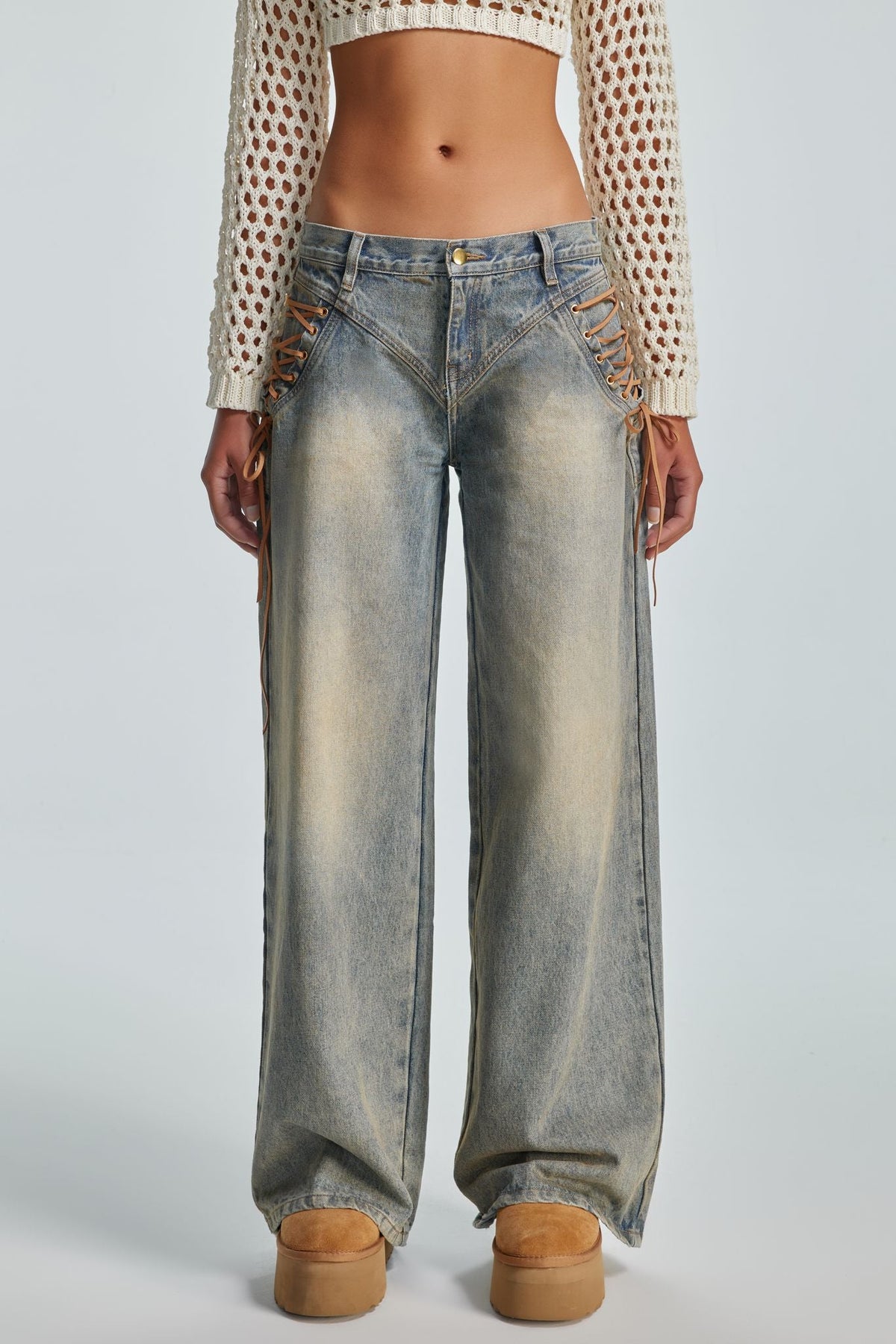 Front view of the Regan Jeans dirty light wash with wide leg