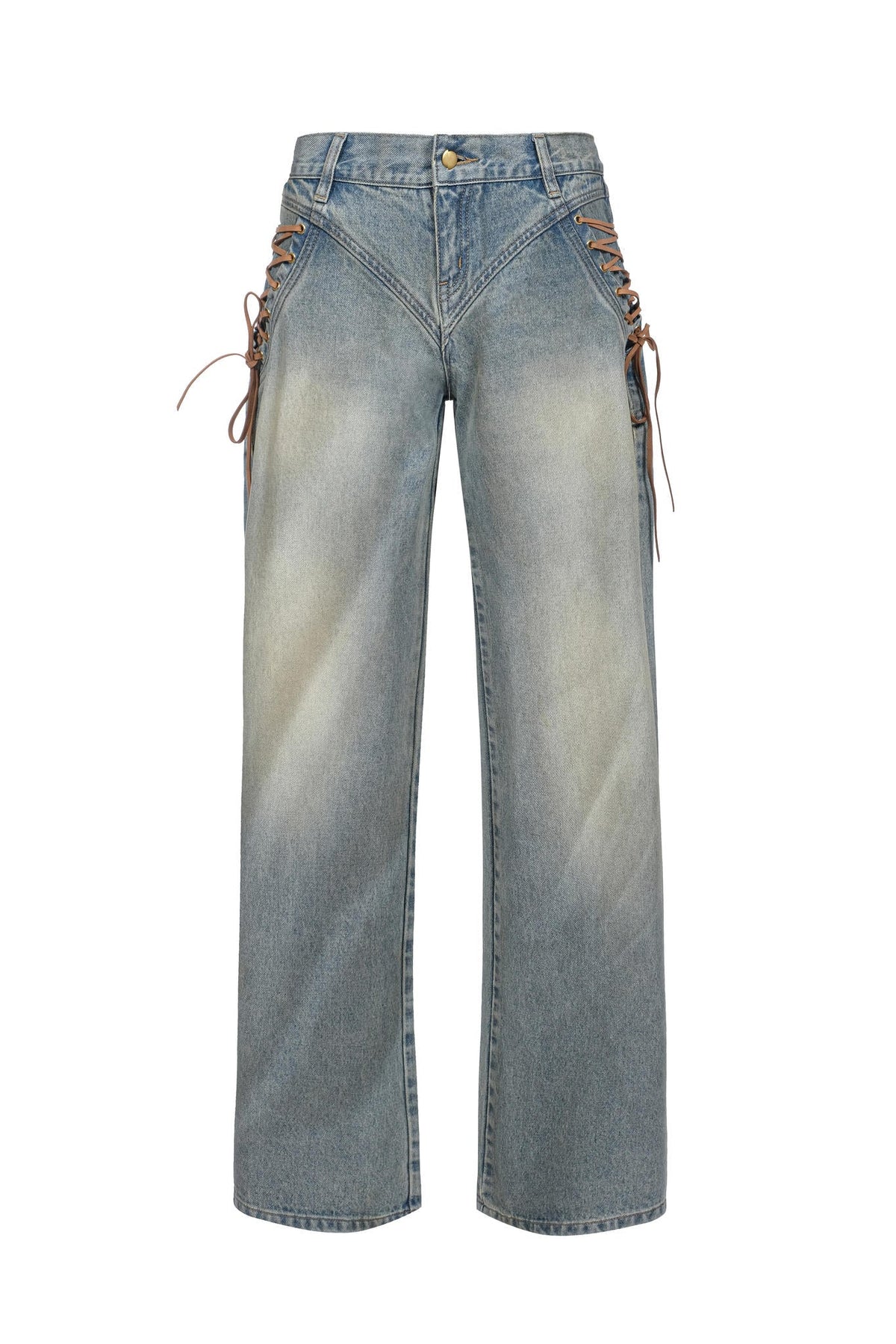 Flat front image of the Regan Jeans, baggy light wash jeans with side lace-up ties