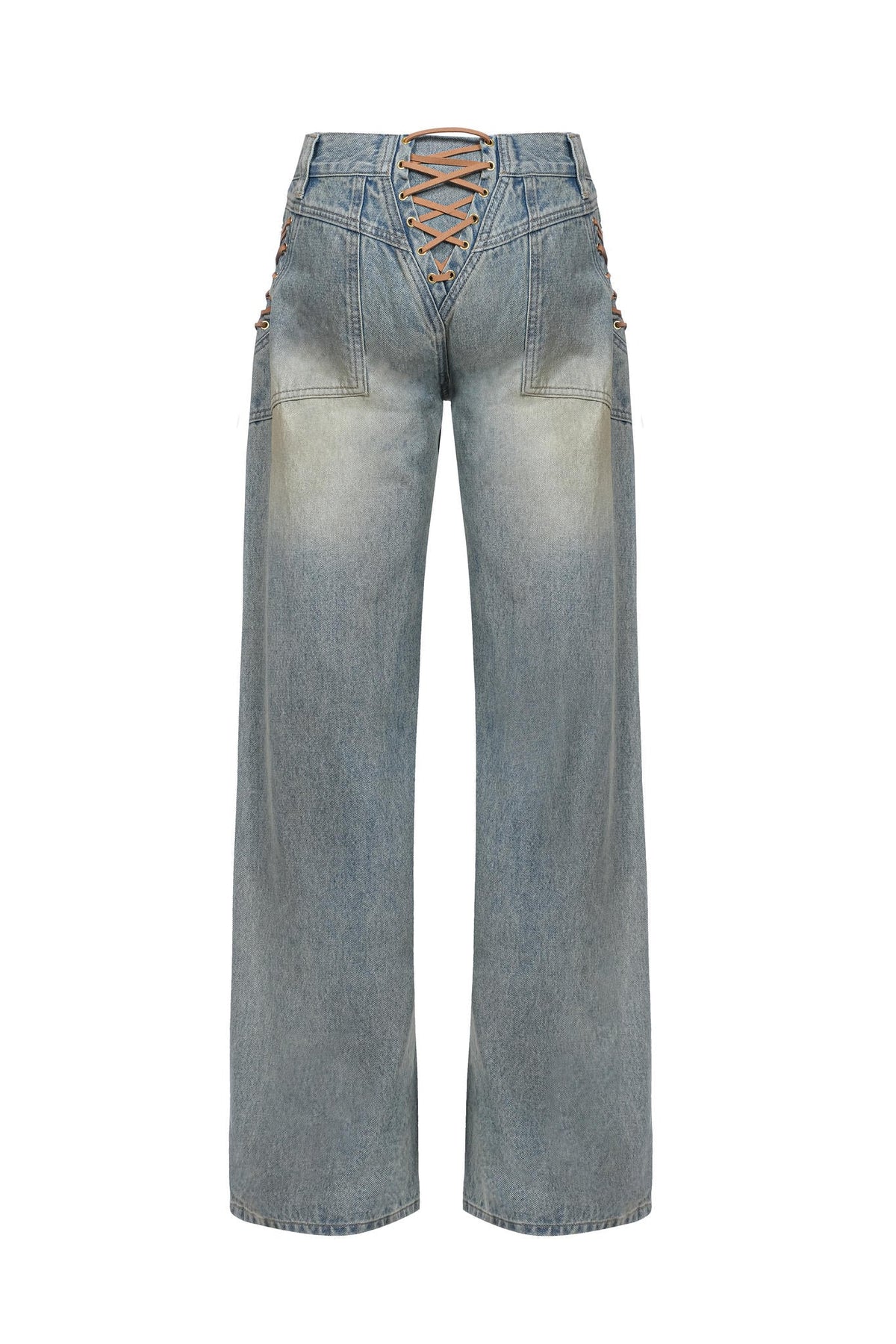 Flat back image of the Regan Jeans showing the lace-up detail at the back